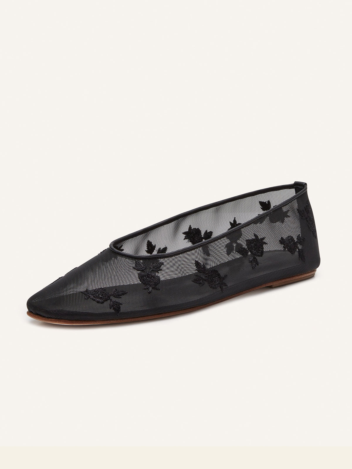 Black Round-Toe Mesh With Floral Embroidery Flats