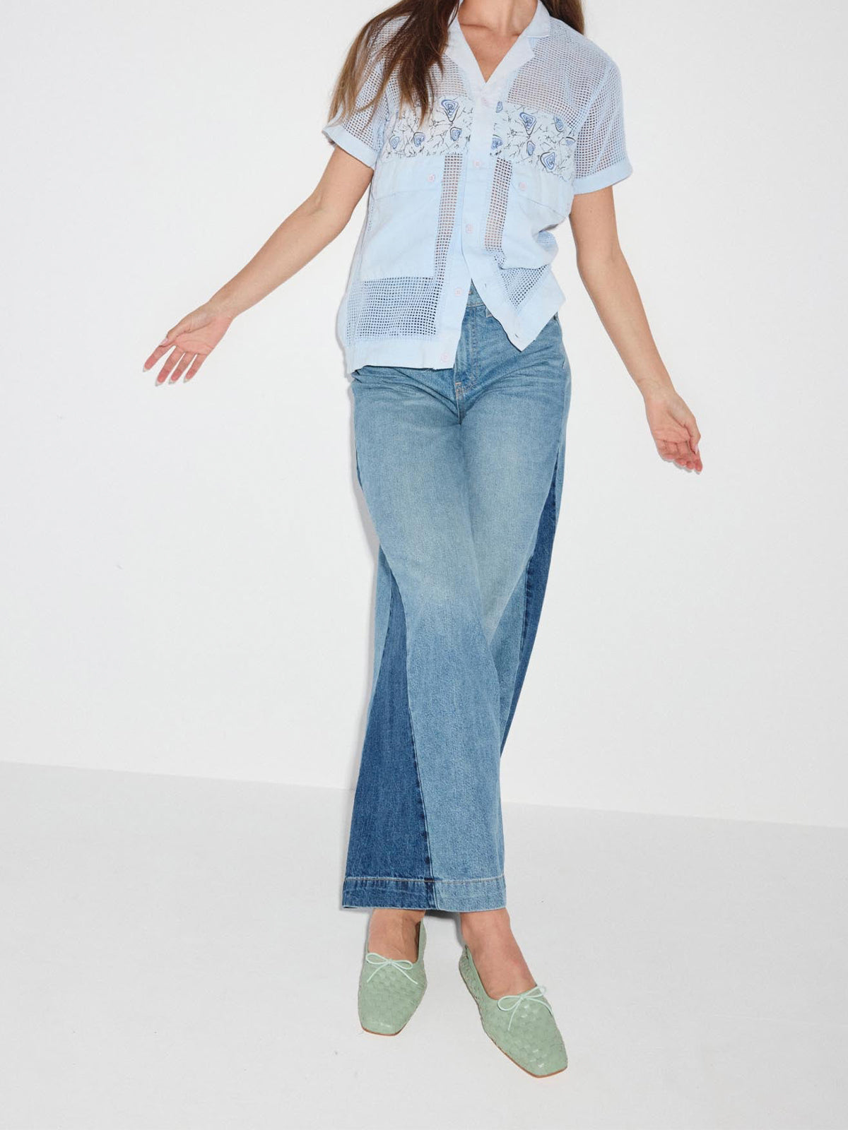 Vegan Leather Woven Square-Toe Bow Ballet Flats - Seafoam Green