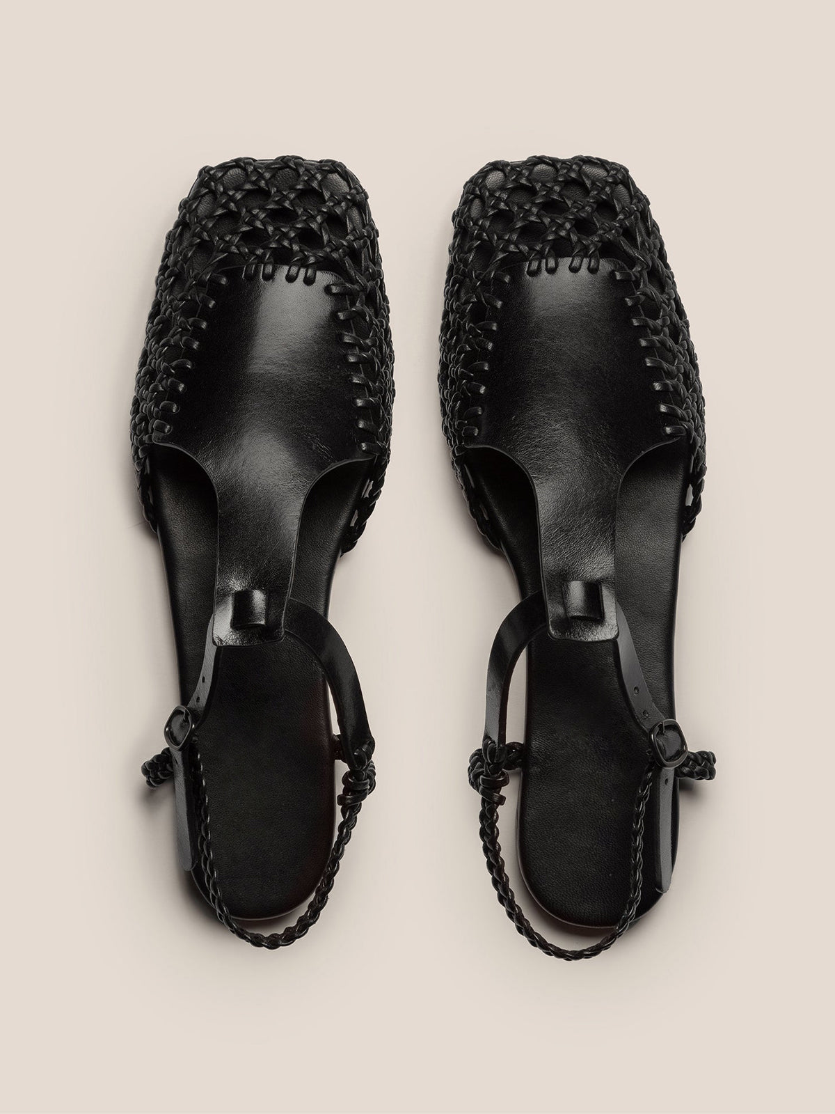 Black Woven Vegan Leather Square-Toe Ankle Strap Chic Flats