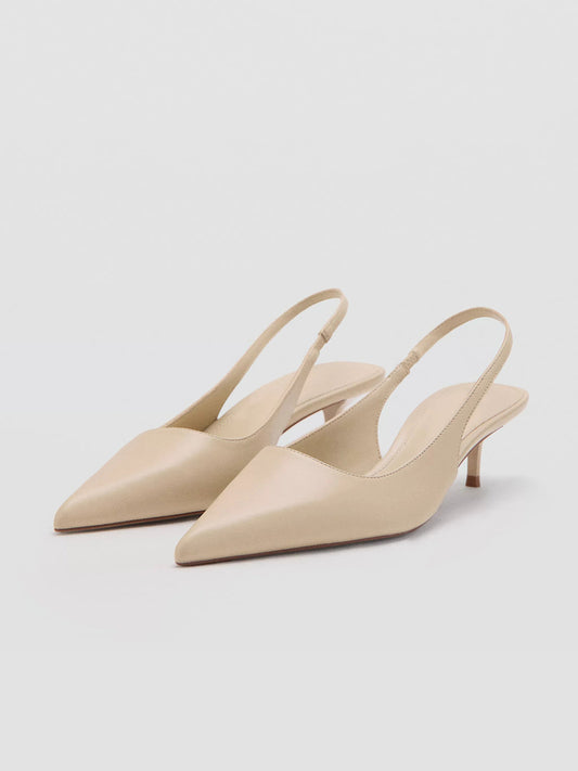Ecru Pointed-Toe Chic Back Strap Classic Kitten Heels