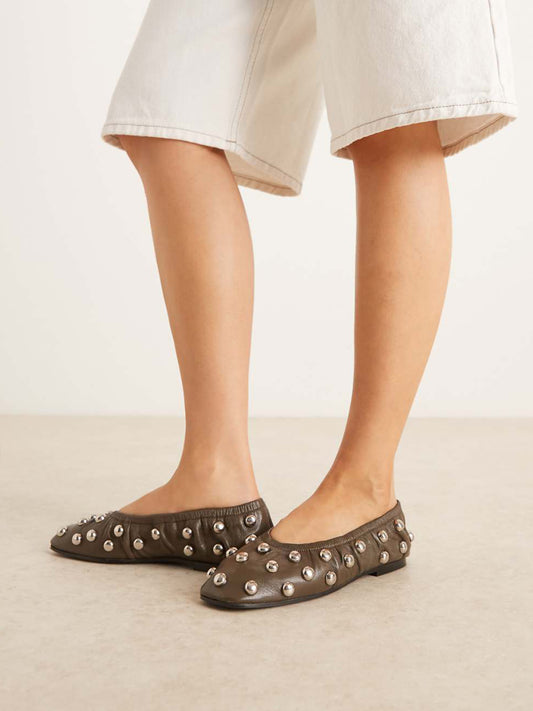 Olive Green Square-Toe Studded Scrunch Ballet Flats