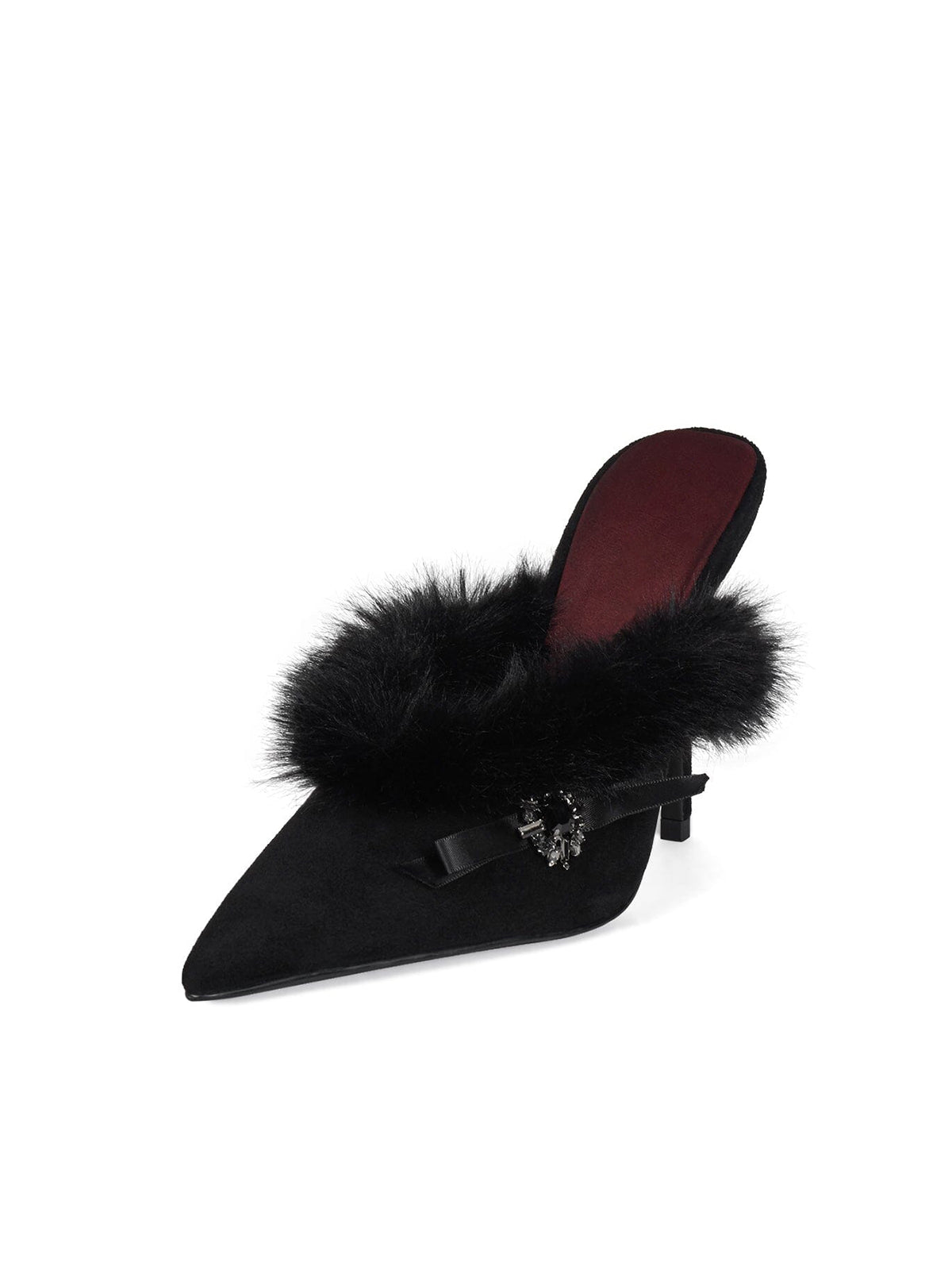 Black Faux Suede Pointed-Toe Plush Detail Backless High Heels