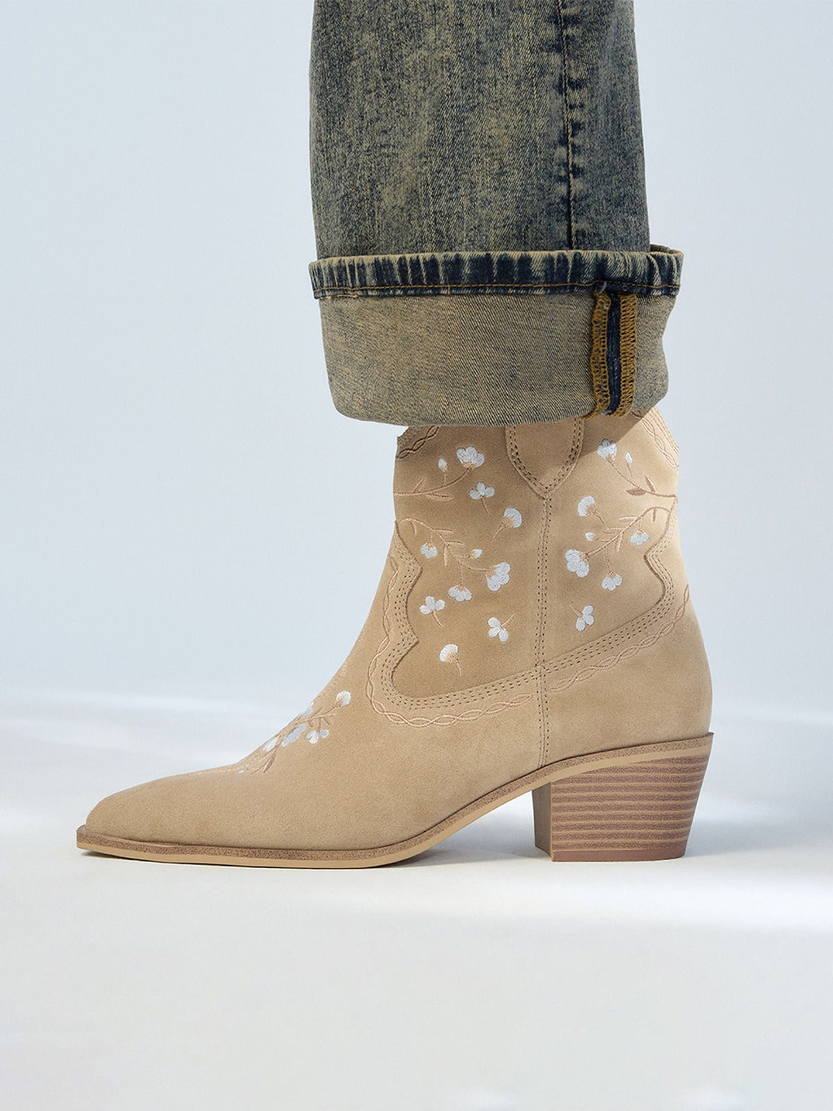 Beige Faux Suede Almond-Toe Floral Embroidery Ankle Cowgirl Boots
