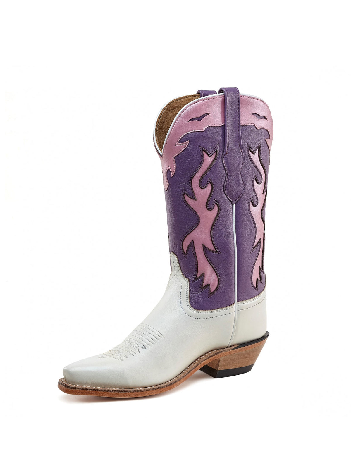 Purple And White Snip-Toe Flame Embroidery Mid Calf Cowgirl Boots