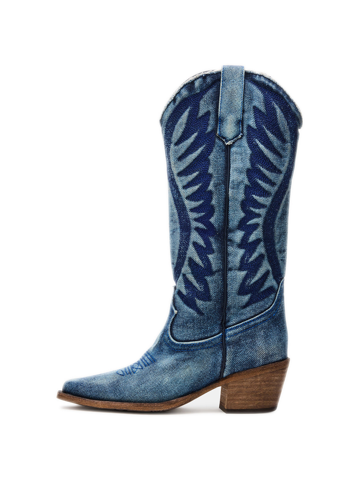 Blue Denim Pointed-Toe Wings Embroidery Mid Calf Cowgirl Boots