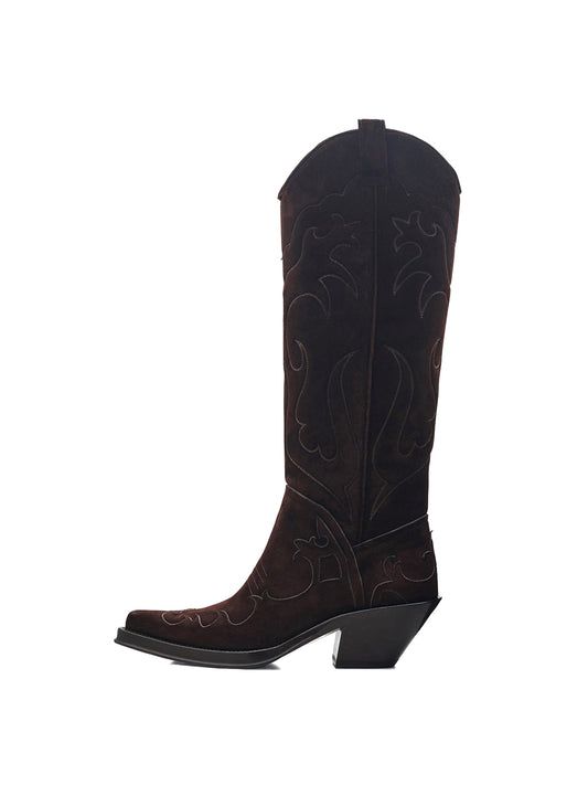 Chocolate Faux Suede Pointed-Toe Classic Embroidery Wide Calf Knee High Chic Cowgirl Boots
