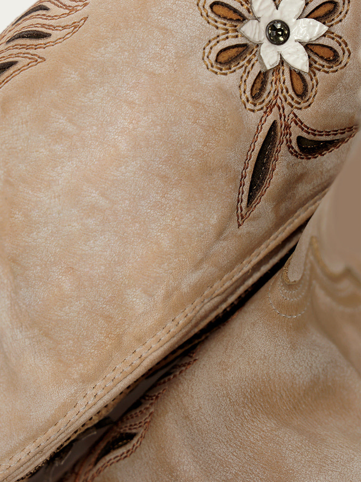 Tan Snip-Toe Leaves Flowers And Bird Inlay Half-Zip Knee High Cowgirl Boots
