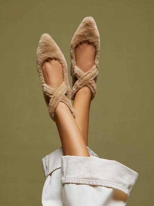 Tan Fluffy Pointed-Toe Slip-On Wrapped Ankle Strap Flats