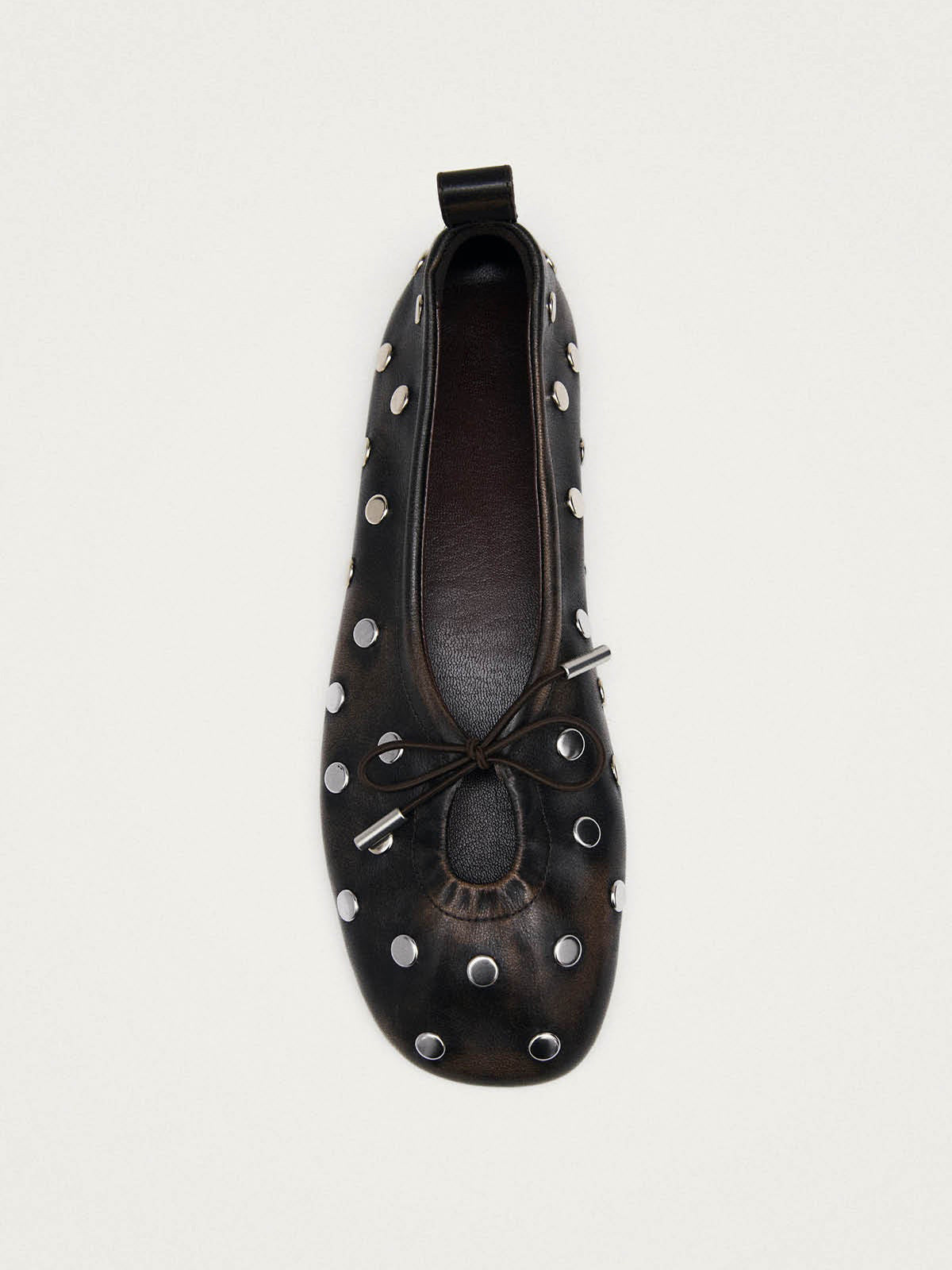 Brown Square-Toe Full Studs And Front Bow Chic Ballet Flats