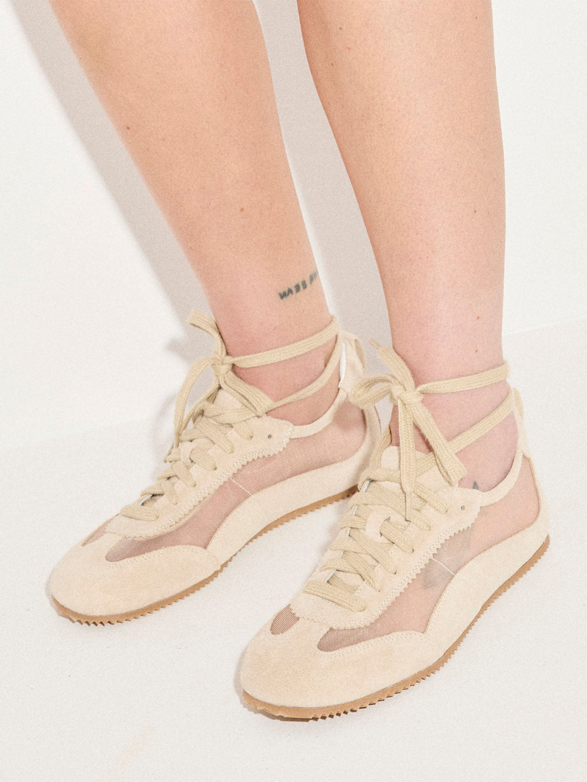 Sand Cow Suede And Mesh Square-Toe Stylish Lace-Up Sneakers