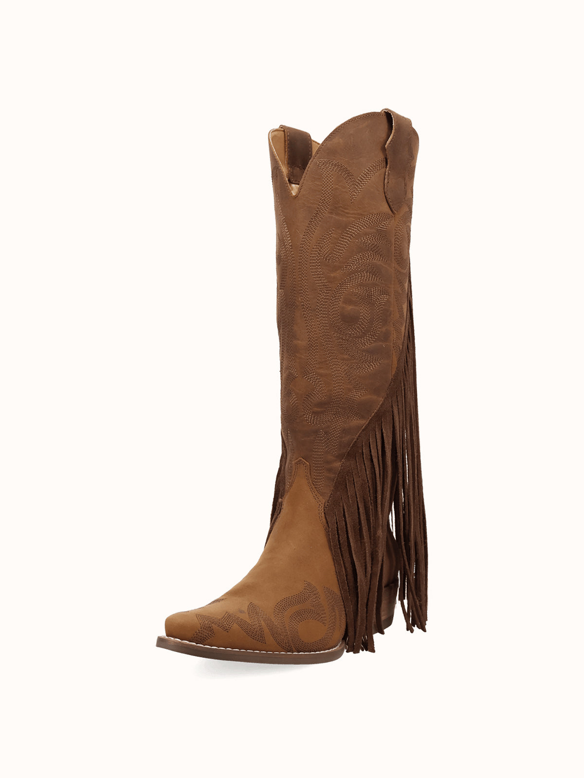 Brown Snip-Toe Faux Suede Side Fringe Embroidery Wide Calf Knee High Cowgirl Boots