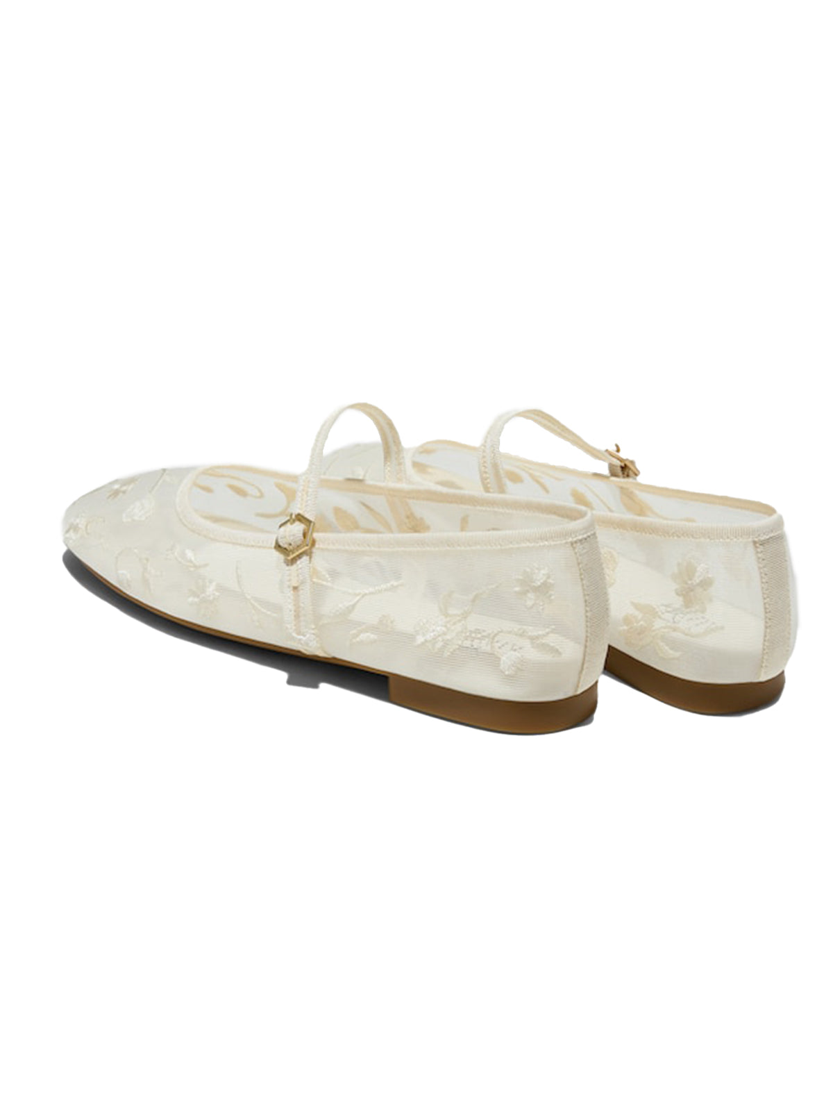 Mesh And Satin Square-Toe Floral Embroidery Mary Jane Flats - Cream