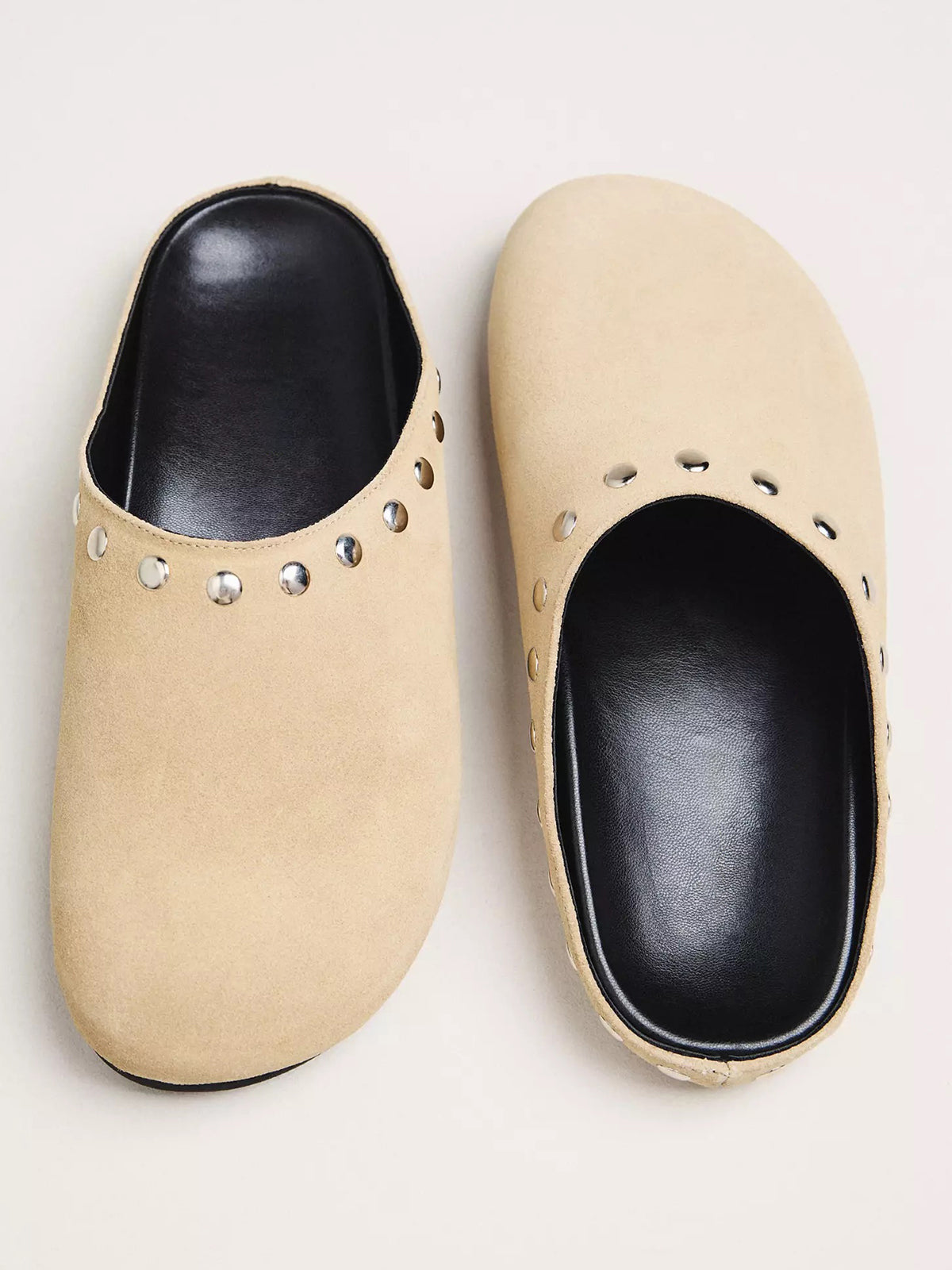Taupe Faux Suede Square-Toe Studded Backless Slip-On Flats