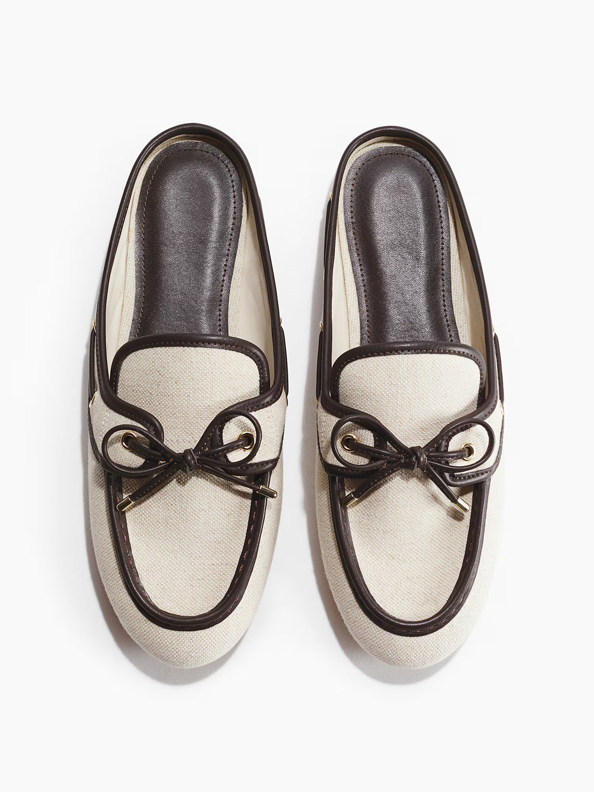 Cream Canvas Round-Toe Front Bow Chic Mules Flats