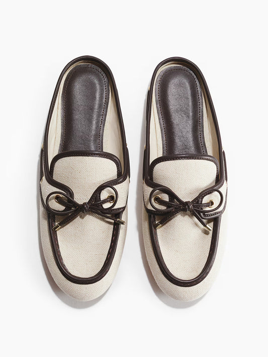 Cream Canvas Round-Toe Front Bow Chic Mules Flats