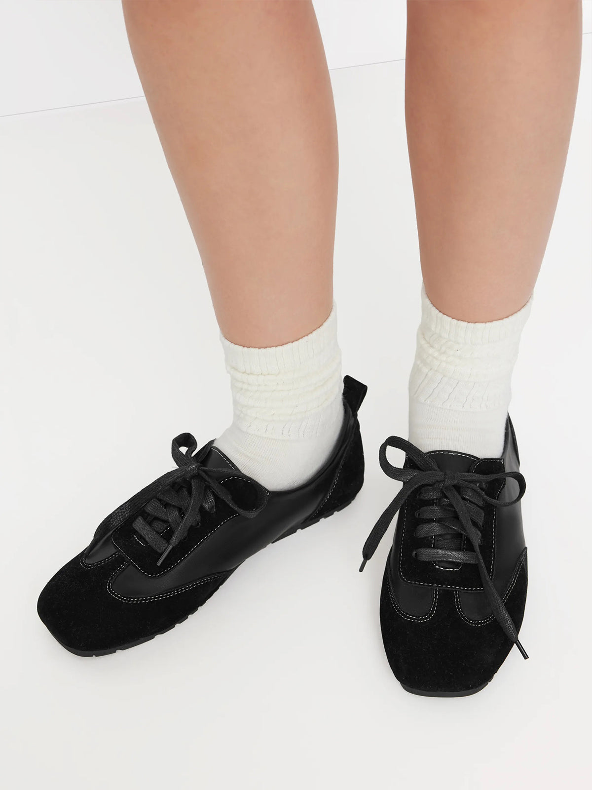 Black Cow Suede And Vegan Leather Square-Toe Lace-Up Sneakers