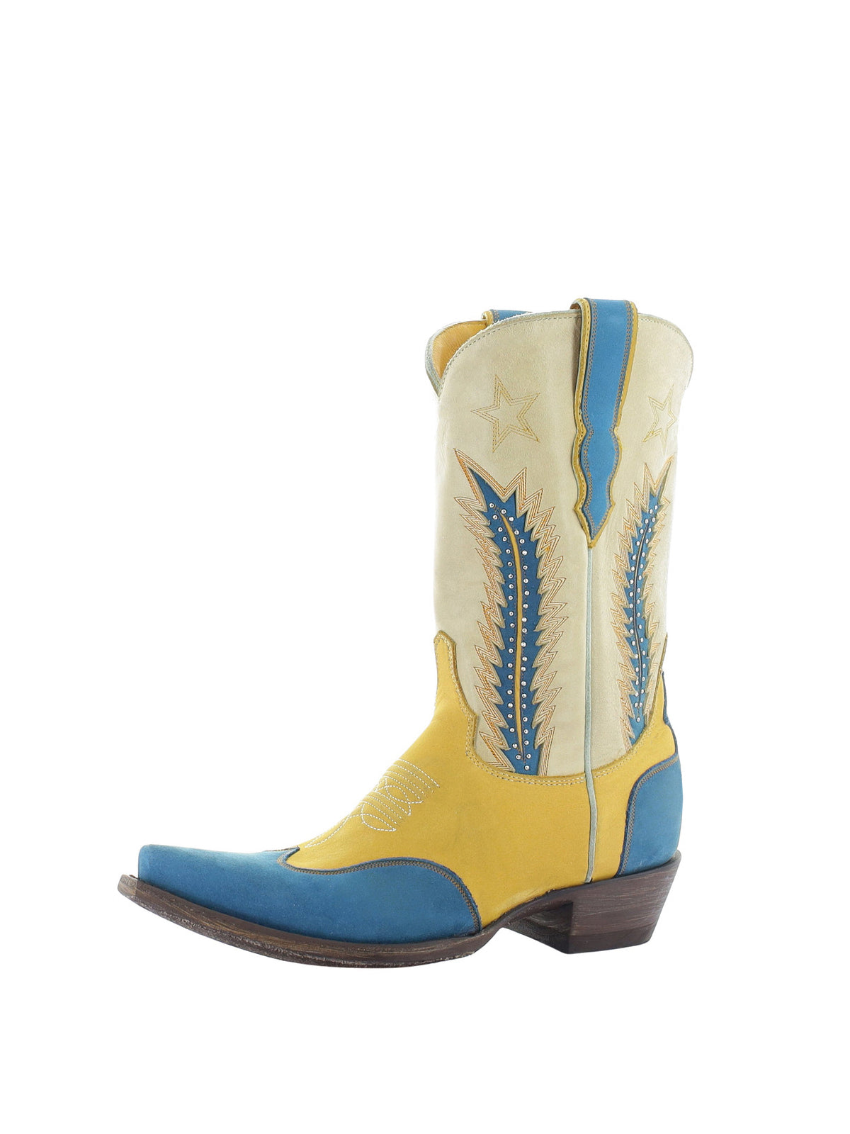 Contrast Tri-Color Snip-Toe Star Embroidery Studs Classic Inlay Half-Zip Mid Calf Cowgirl Boots