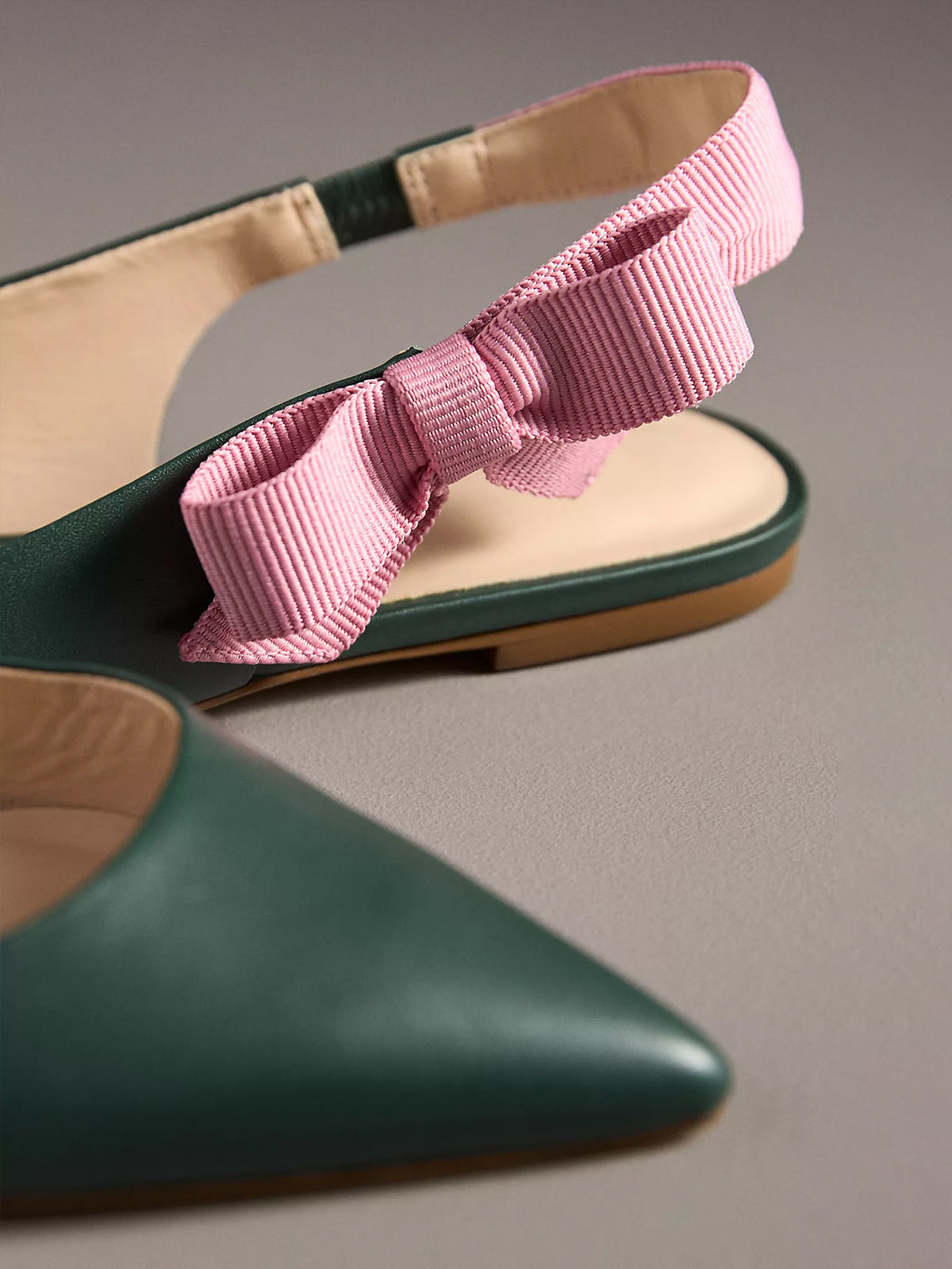 Green Pointed-Toe Side-Bow Slingback Flats