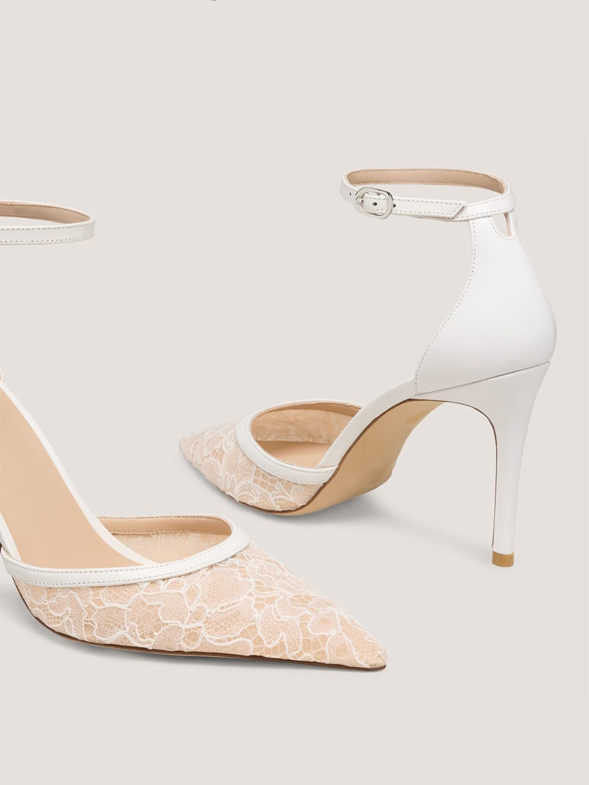 White Satin And Lace Mesh Pointed-Toe Classic Ankle Strap High Heels