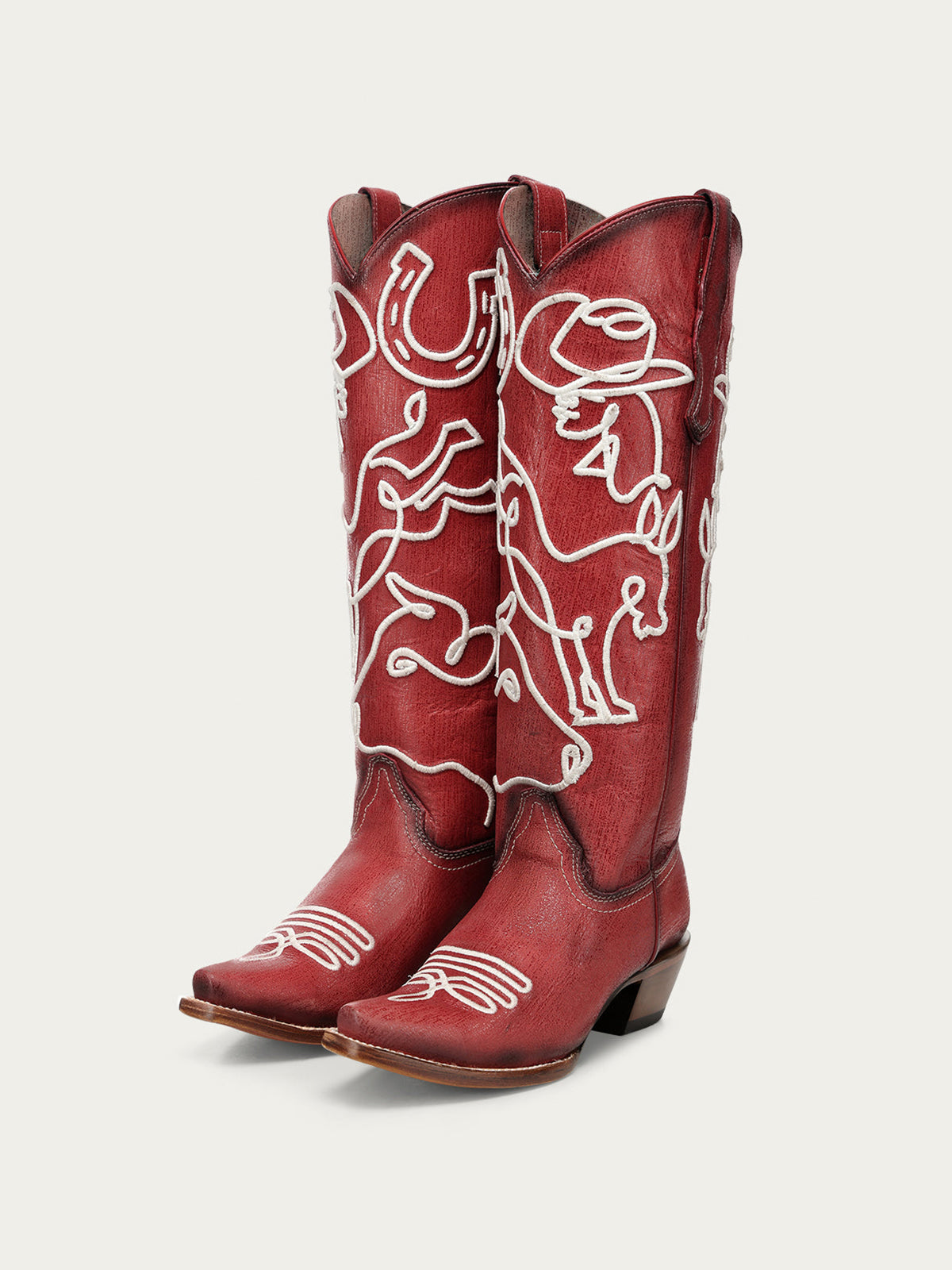 Dark Red Snip-Toe Western White Embroidery Mid Calf Cowgirl Boots