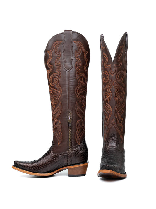 Brown Snakeskin Print And Vegan Leather Snip-Toe Embroidery Half-Zip Knee High Cowgirl Boots