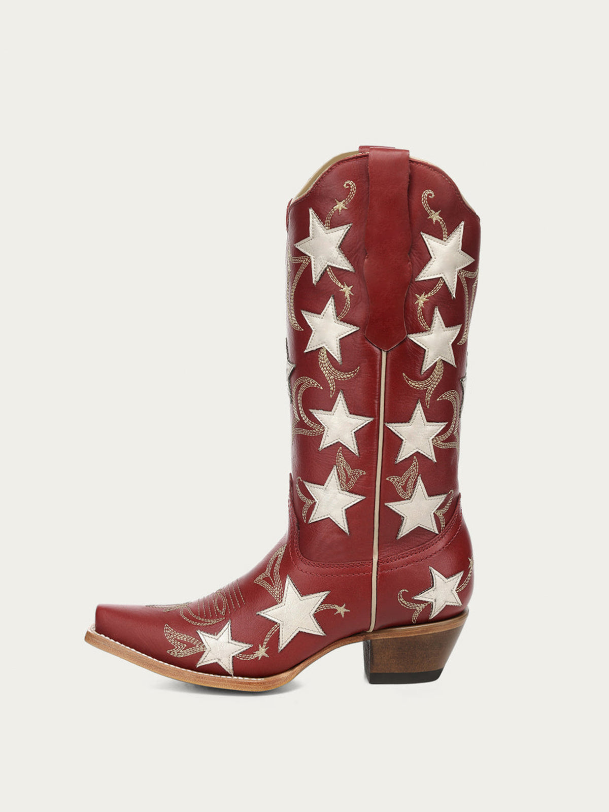 Red Snip-Toe Chic Stars Inlay With Embroidery Mid Calf Cowgirl Boots
