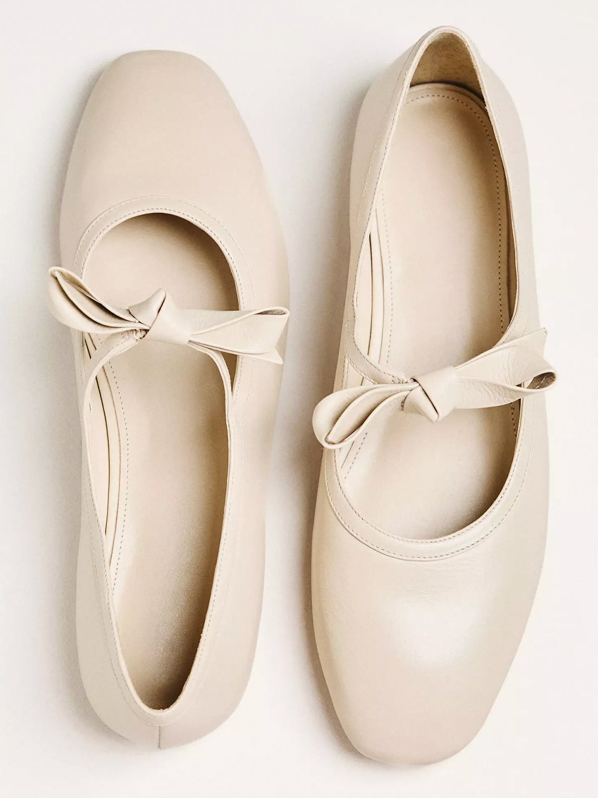 Cream Square-Toe Bridge Bow Strap Ballet Flats
