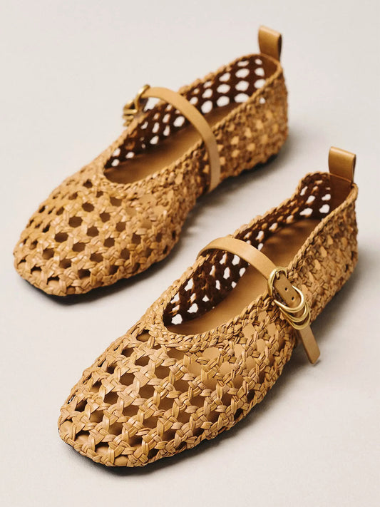 Brown Woven Vegan Leather Square-Toe Chic Buckle Bridge Strap Ballet Flats