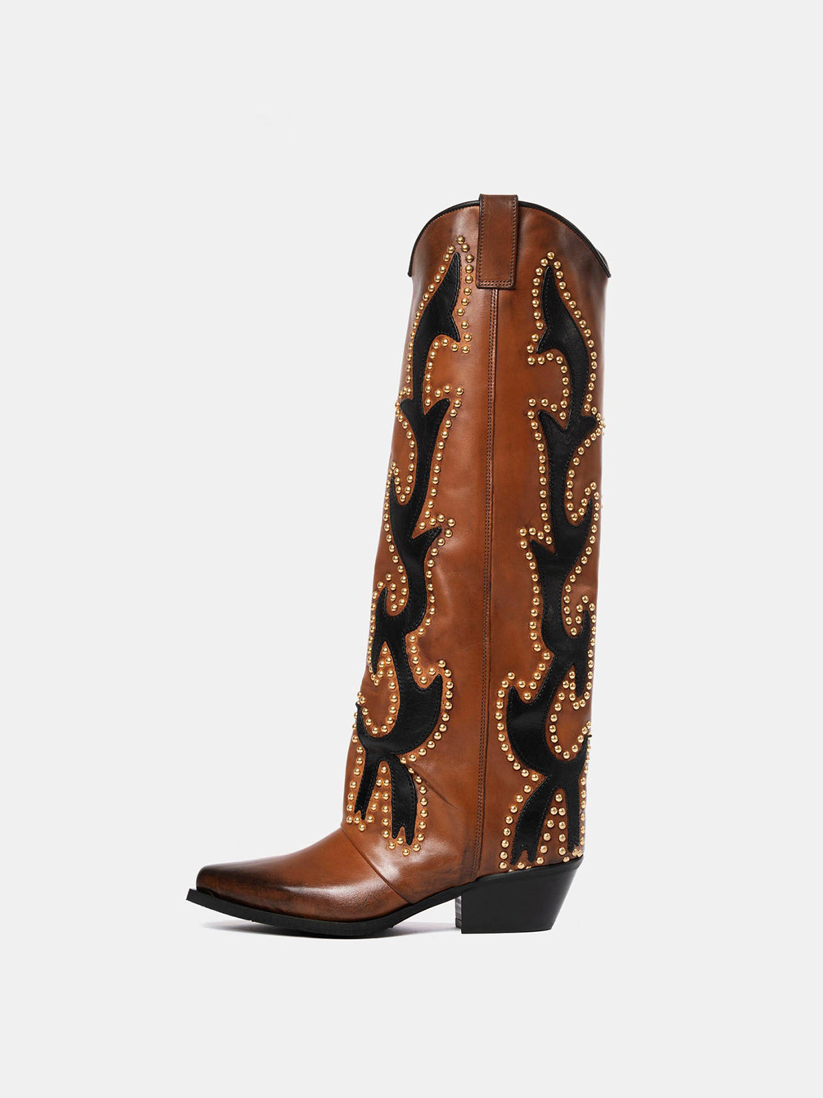 Brown Snip-Toe Inlays Studs Wide Calf Knee High Cowgirl Boots