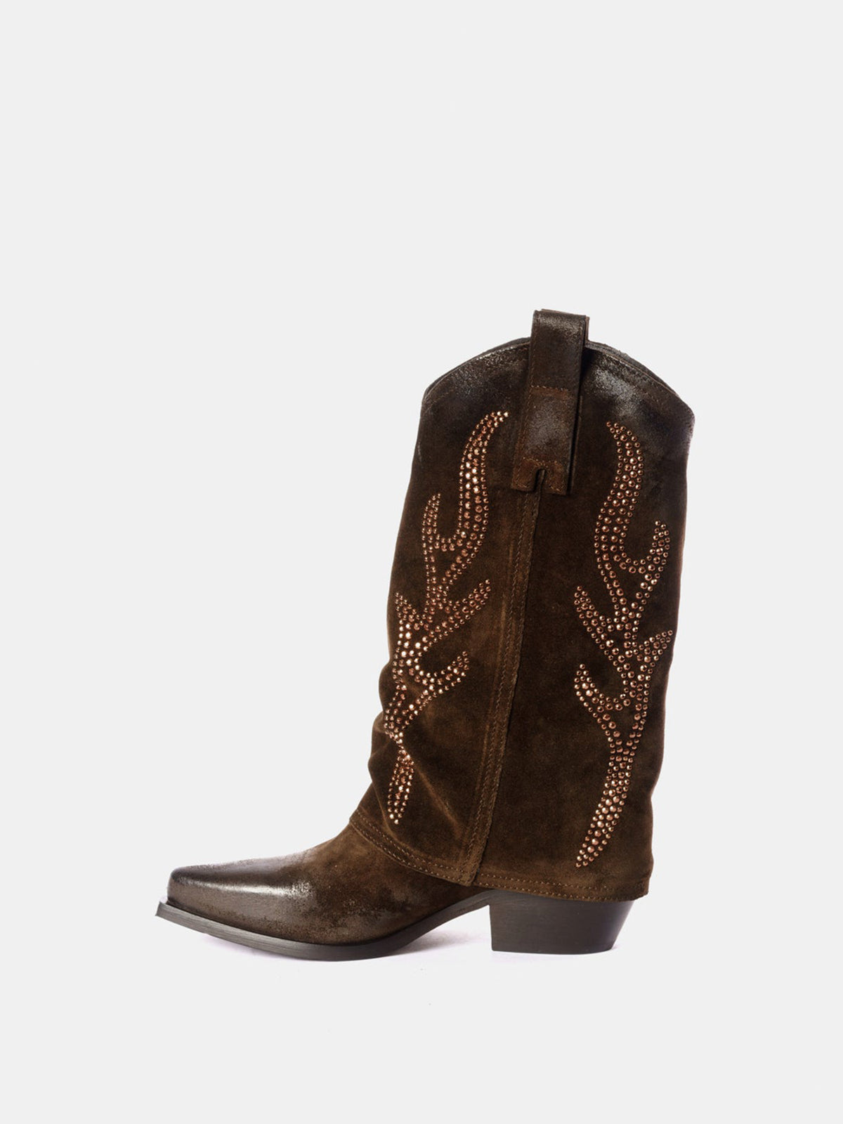 Dark Brown Faux Suede Snip-Toe Studded Fold-Over Mid Calf Cowgirl Boots