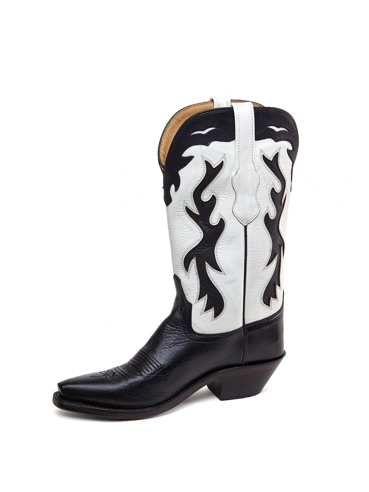 Black And White Snip-Toe Flame Embroidery Mid Calf Cowgirl Boots
