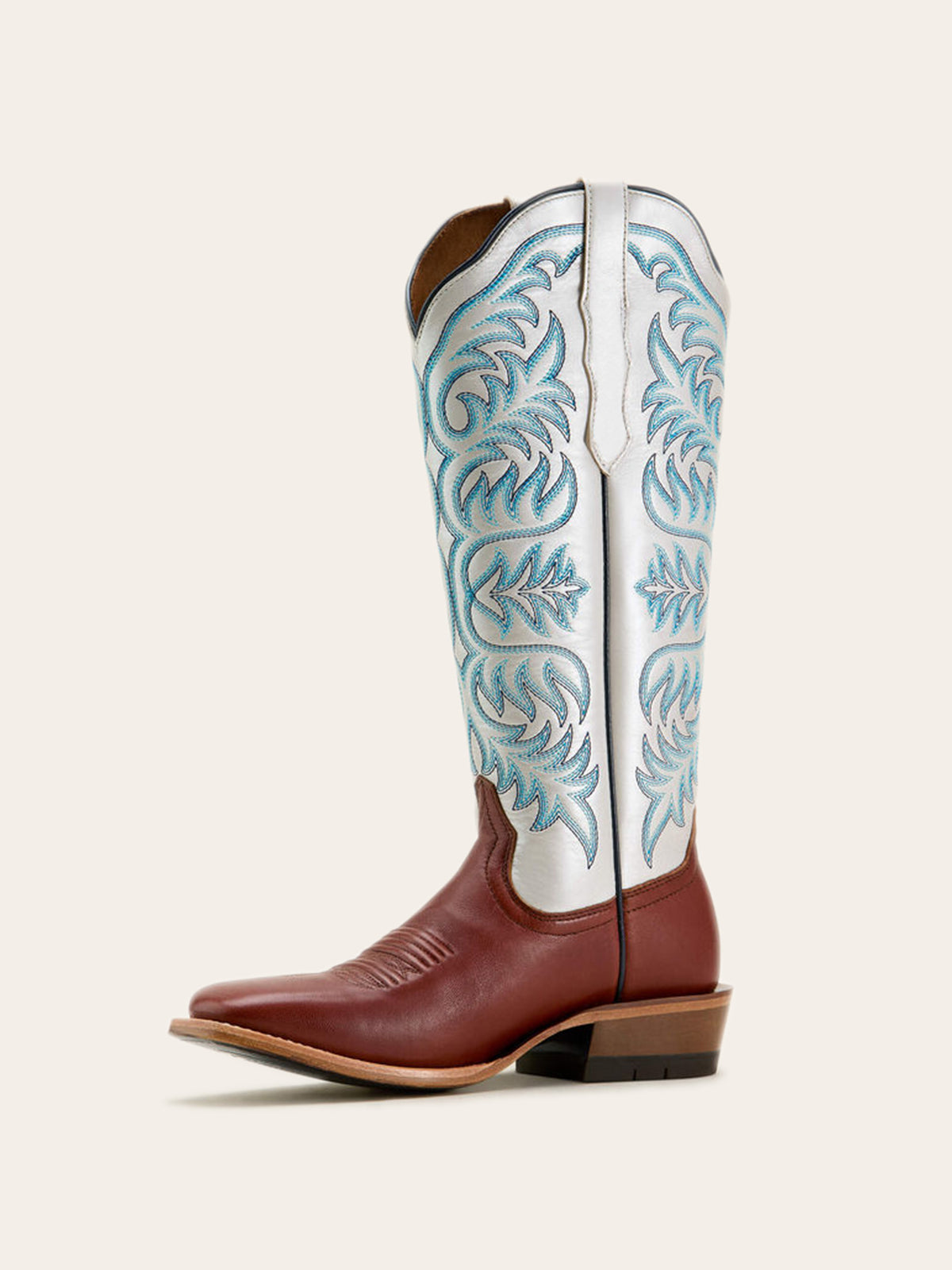 Contrast Cognac And Metallic Ivory Square-Toe Embroidery Wide Mid Calf Cowgirl Boots