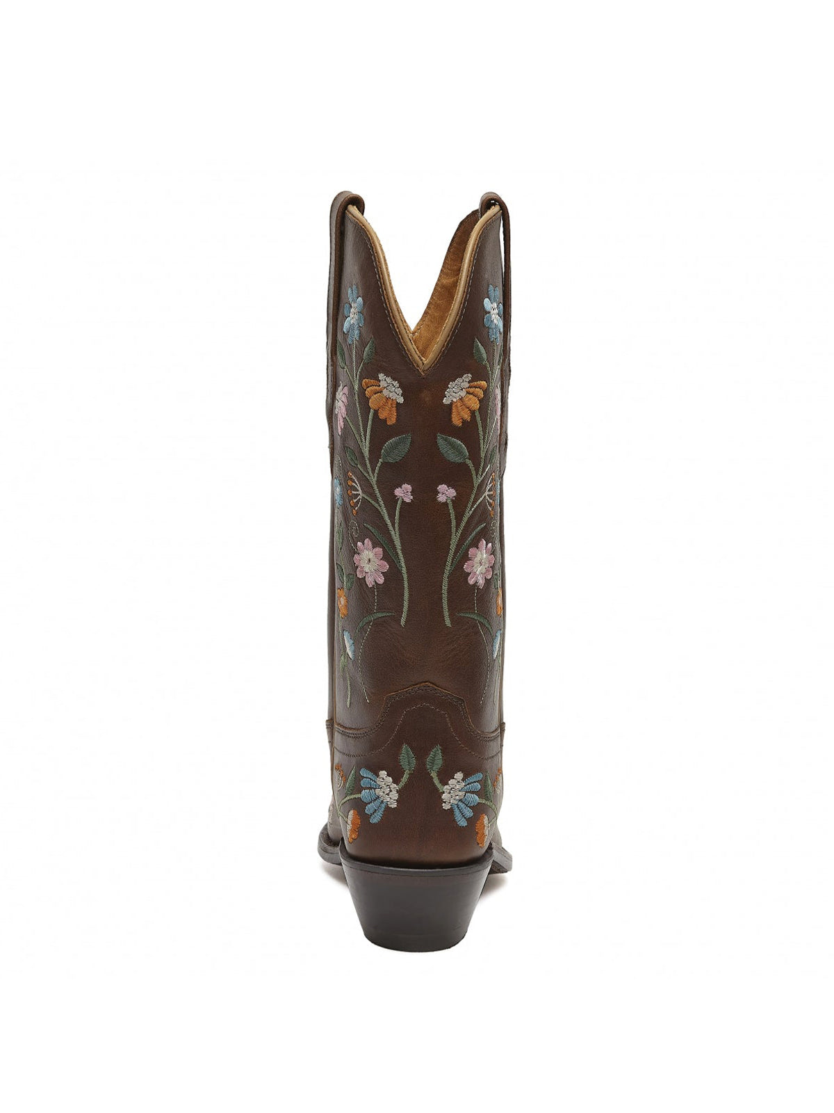 Dark Brown Floral Embroidery Snip-Toe Wide Mid Calf Cowgirl Boots