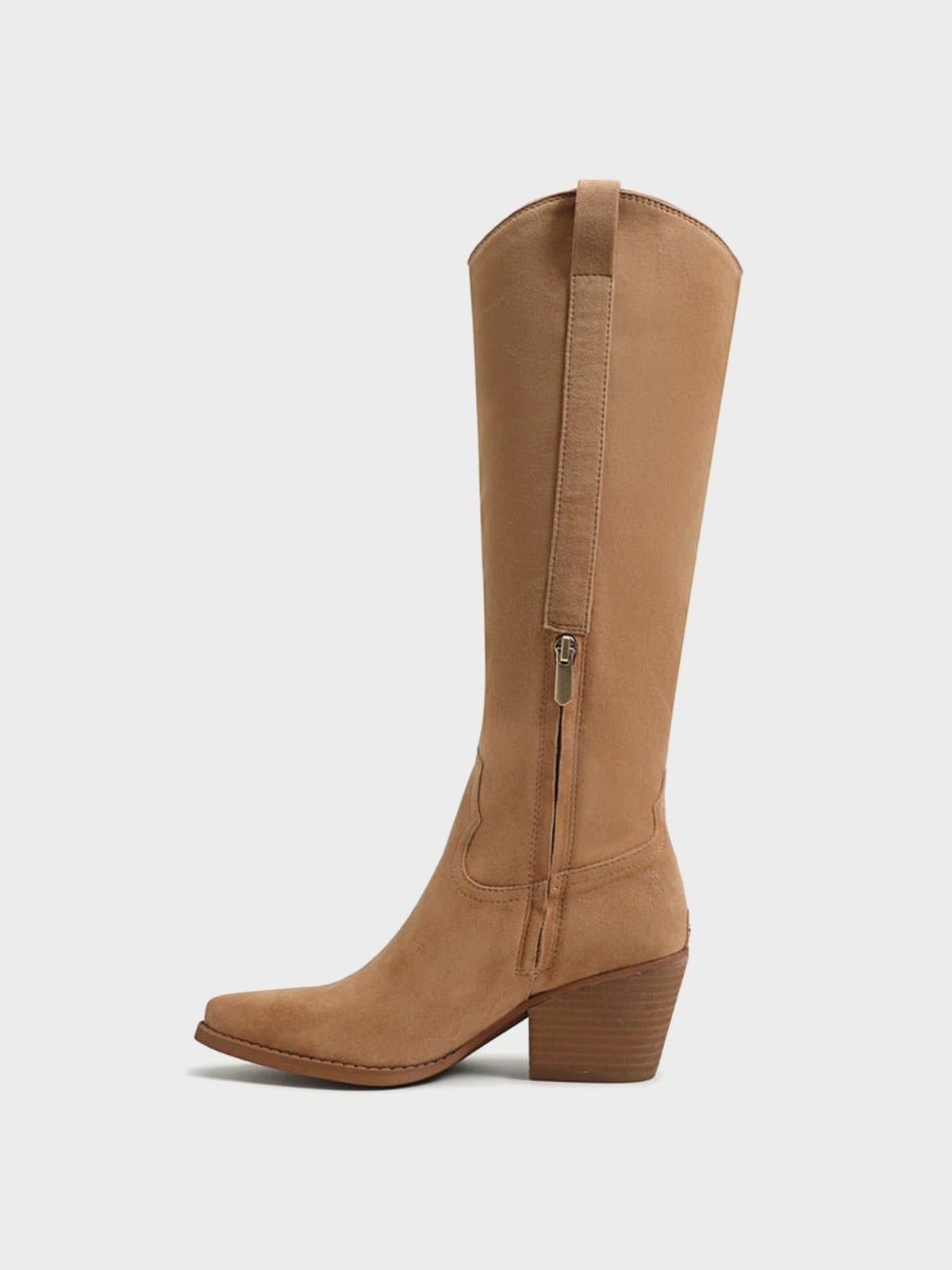 Pointed-Toe Chic Western Half-Zip Knee High Cowgirl Boots - Tan Faux Suede