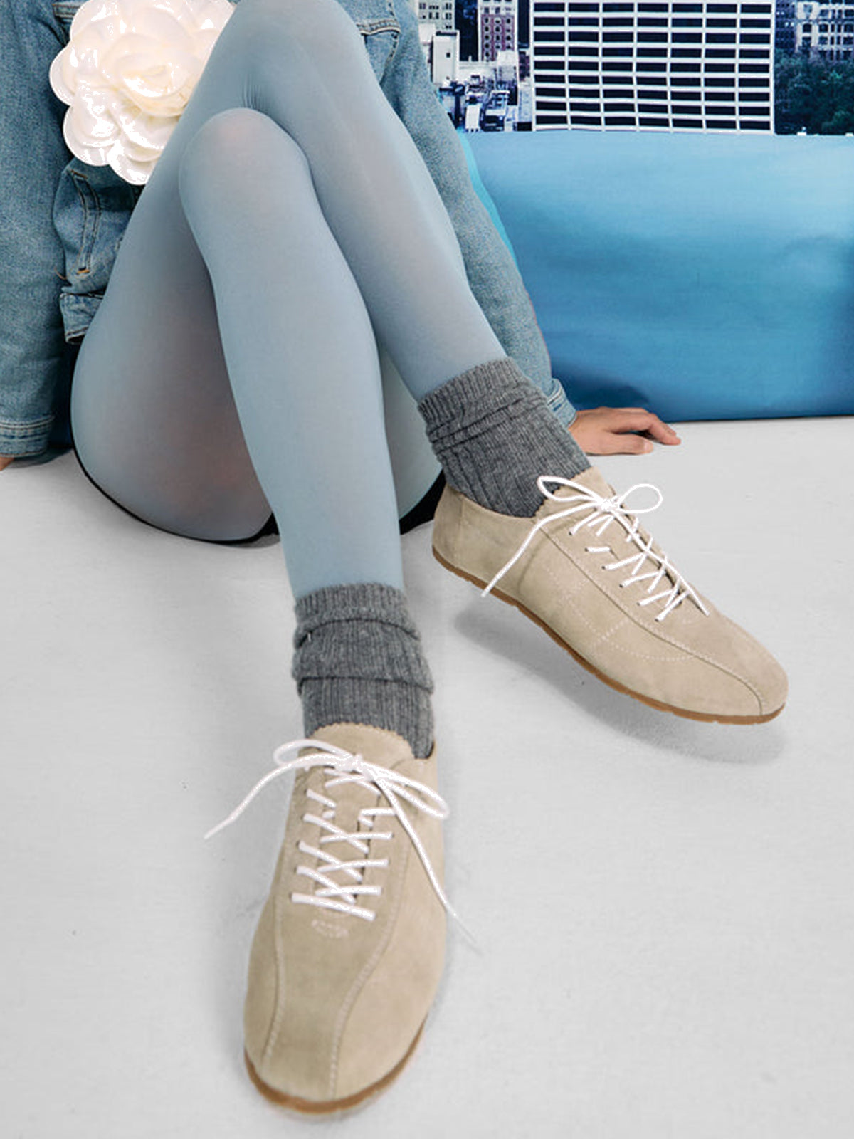 Sand Faux Suede Round-Toe Lace-Up Chic Sneakers Flats