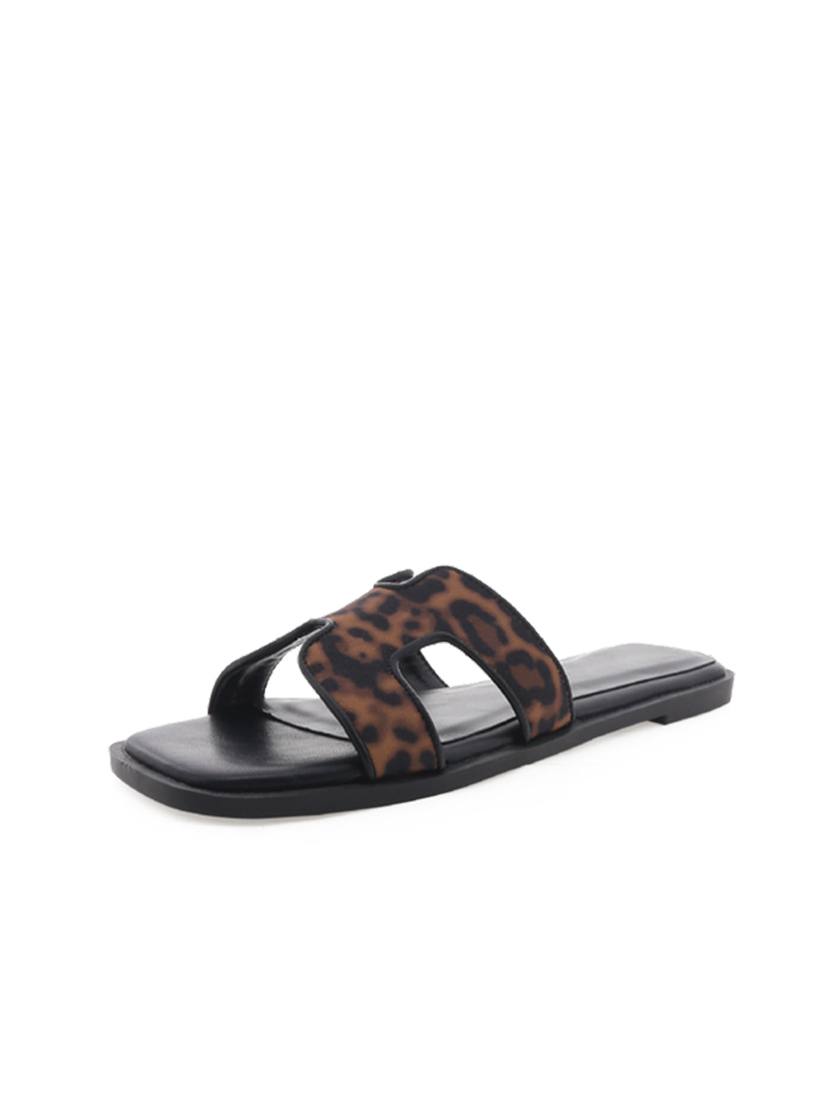 Leopard Faux Suede Open Square-Toe Slip-On Simple Sandals Flats