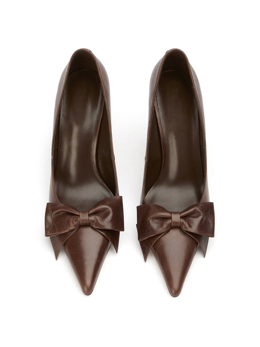 Chocolate Pointed-Toe Front Oversized Bow Stylish High Heels