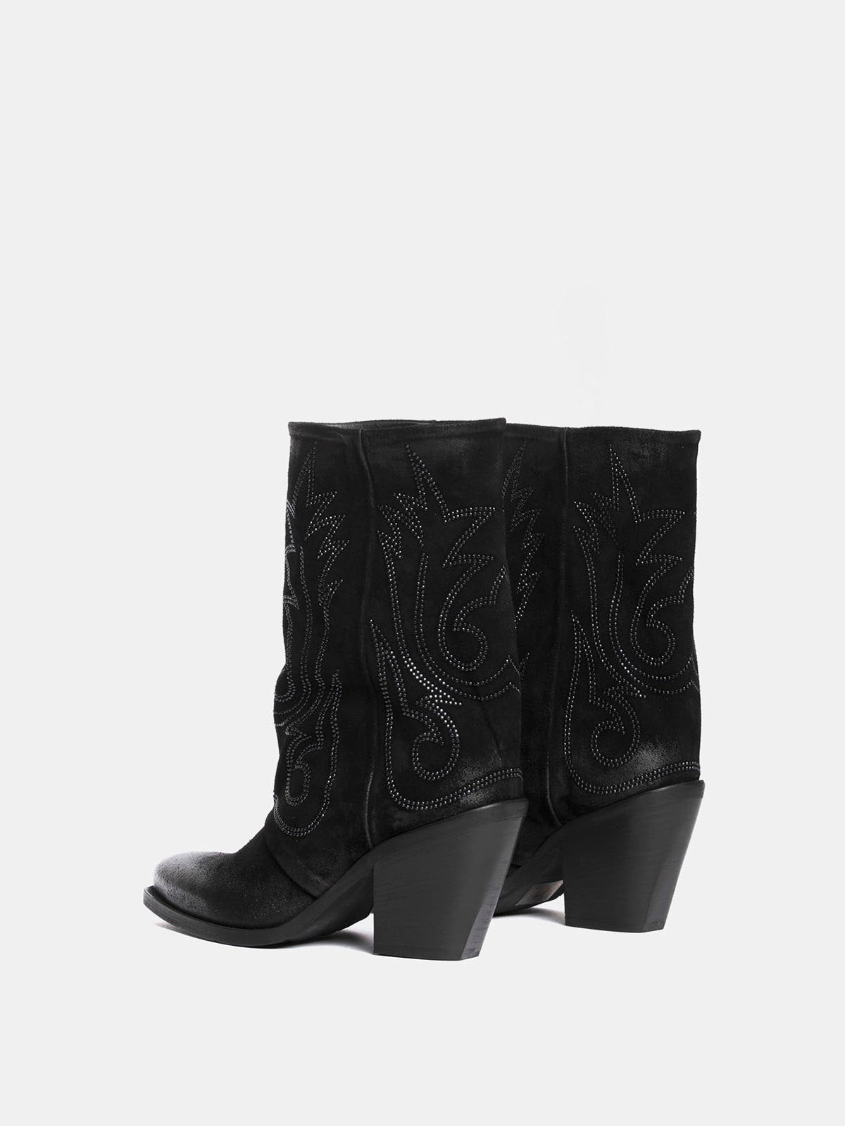 Black Snip-Toe Faux Suede Embroidery Mid Calf Cowgirl Boots