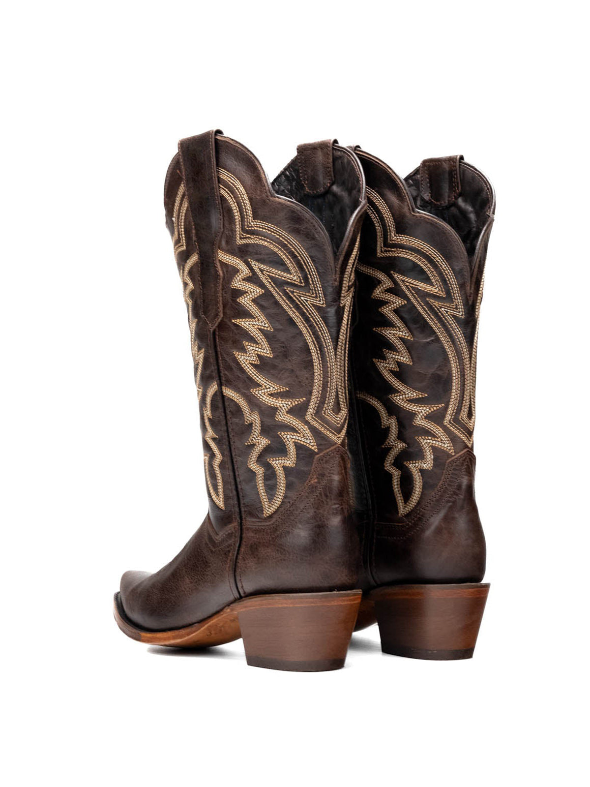 Western Snip-Toe Embroidery Mid Calf Cowgirl Boots - Coffee