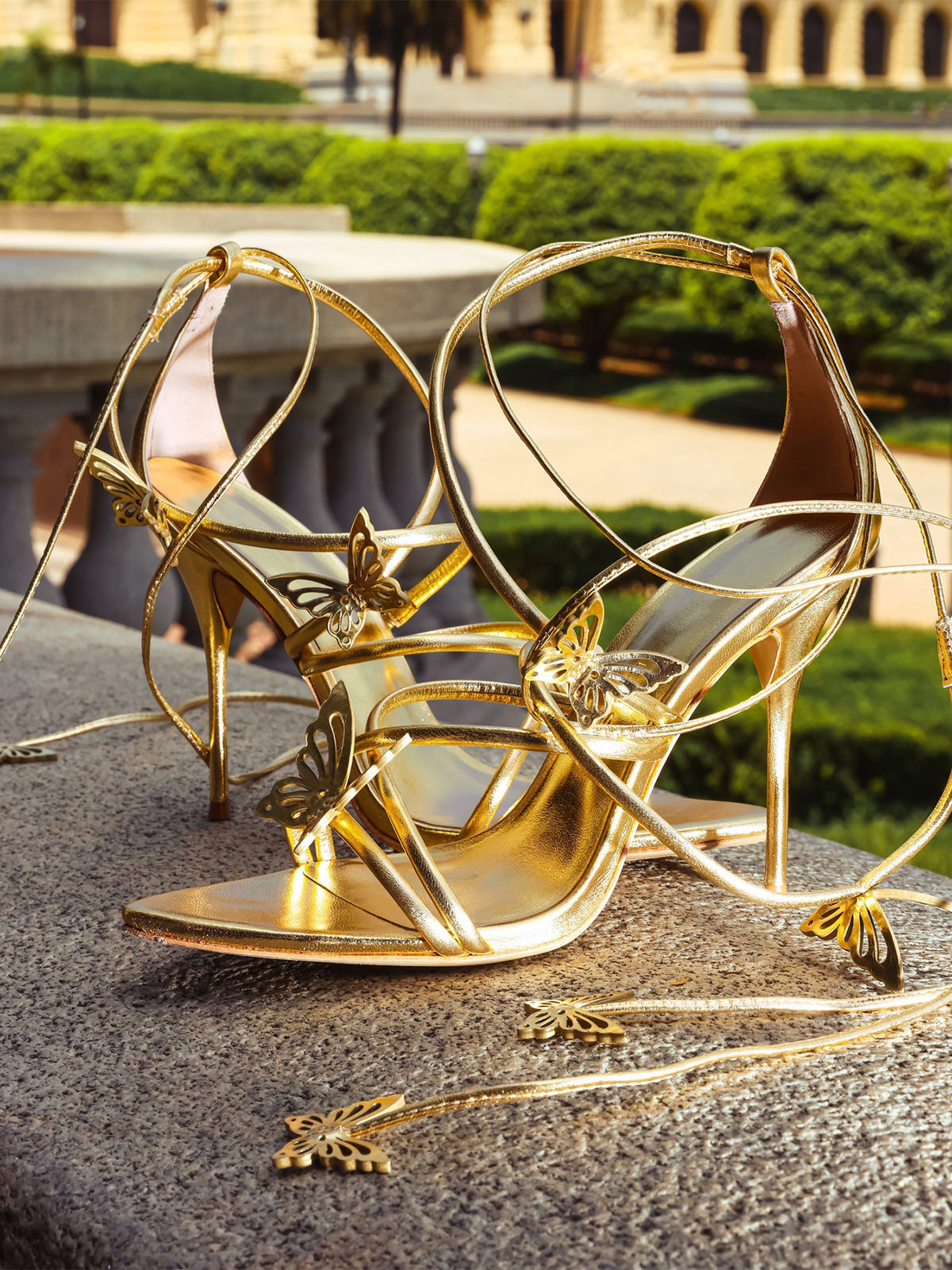 Metallic Gold Pointed-Toe Strappy With Butterflies High Heels