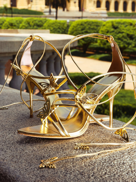 Metallic Gold Pointed-Toe Strappy With Butterflies High Heels