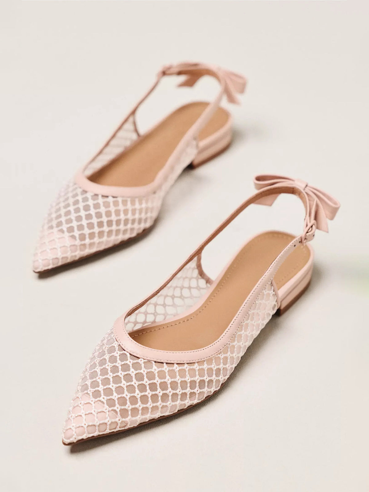Nude Mesh Pointed-Toe Slingback Back Bow Flats