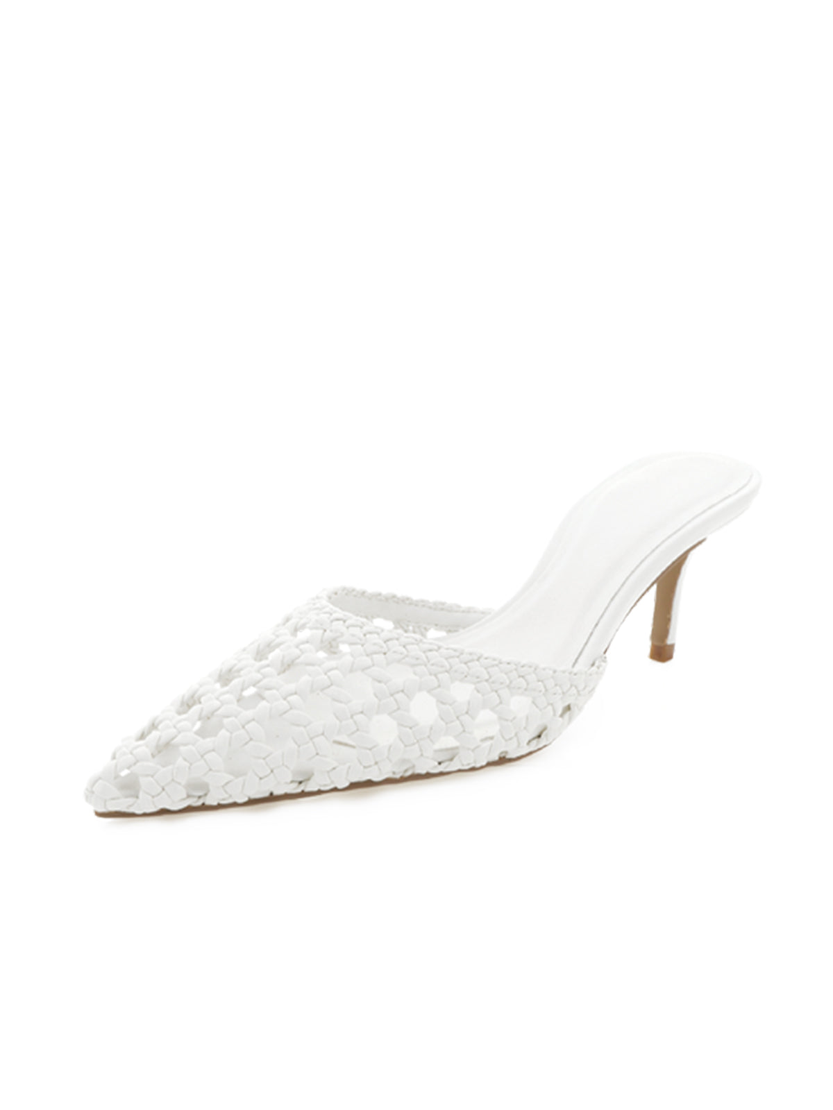White Vegan Leather Woven Pointed-Toe Backless High Heels