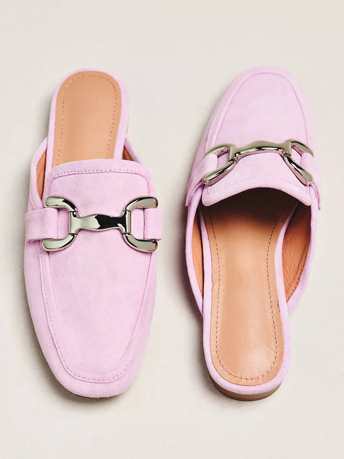 Sakura Pink Faux Suede Square-Toe Slip-On Front Metal Detail Flats Loafers