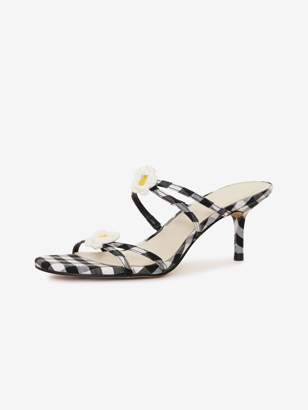 Black Gingham Round-Toe Strappy Kitten Heels With Daisy Appliques