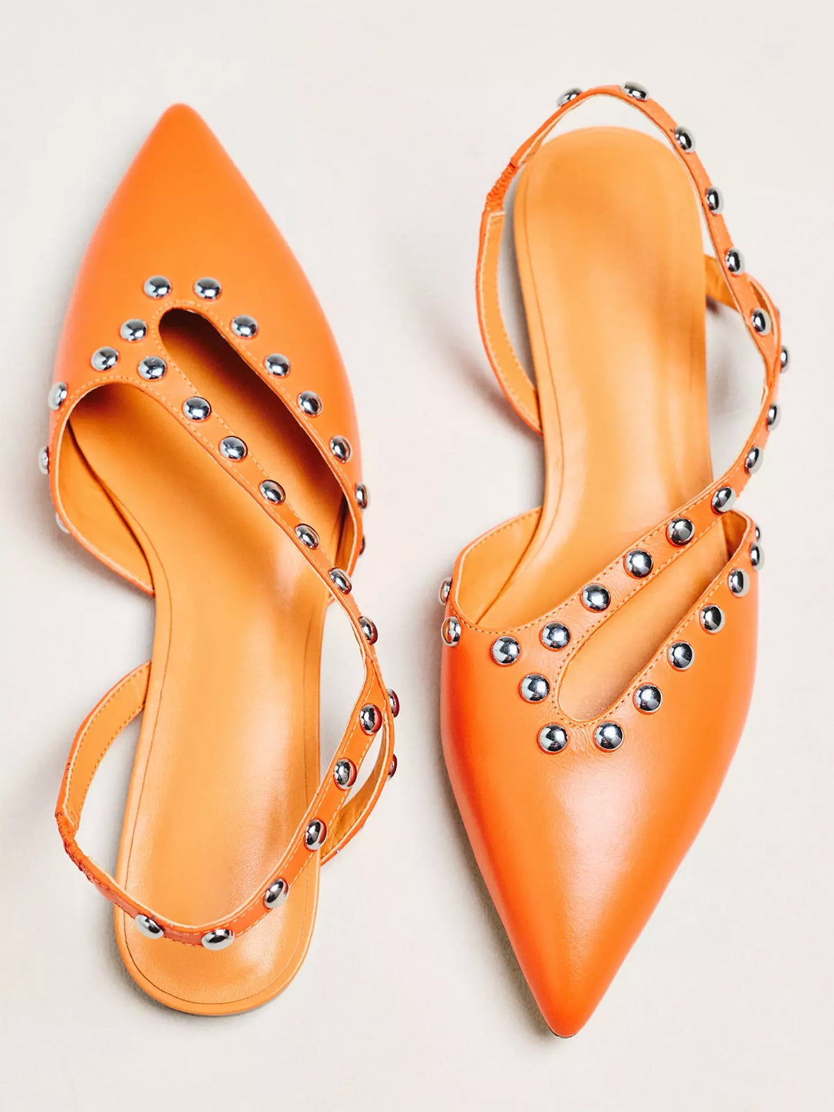 Orange Pointed-Toe Studded Cutout Slingback Flats