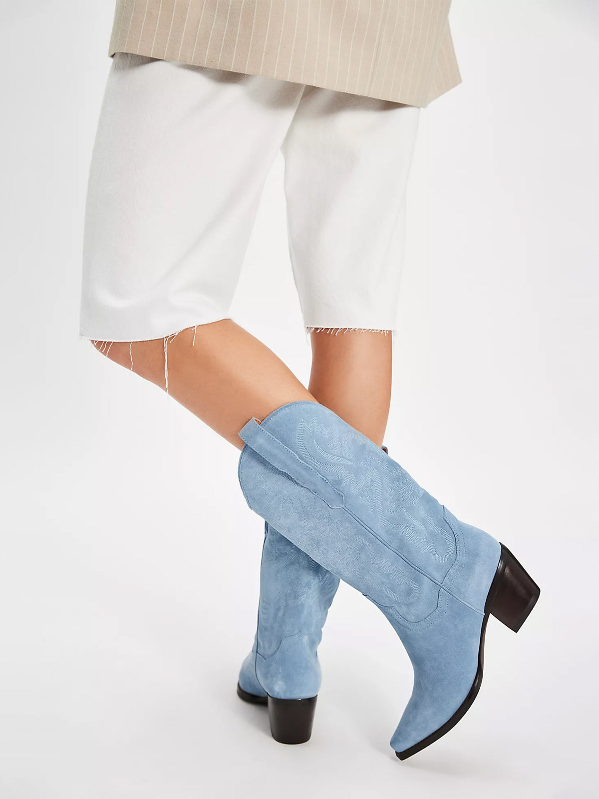 Blue Faux Suede Snip-Toe Western Embroidery Mid Calf Cowgirl Boots