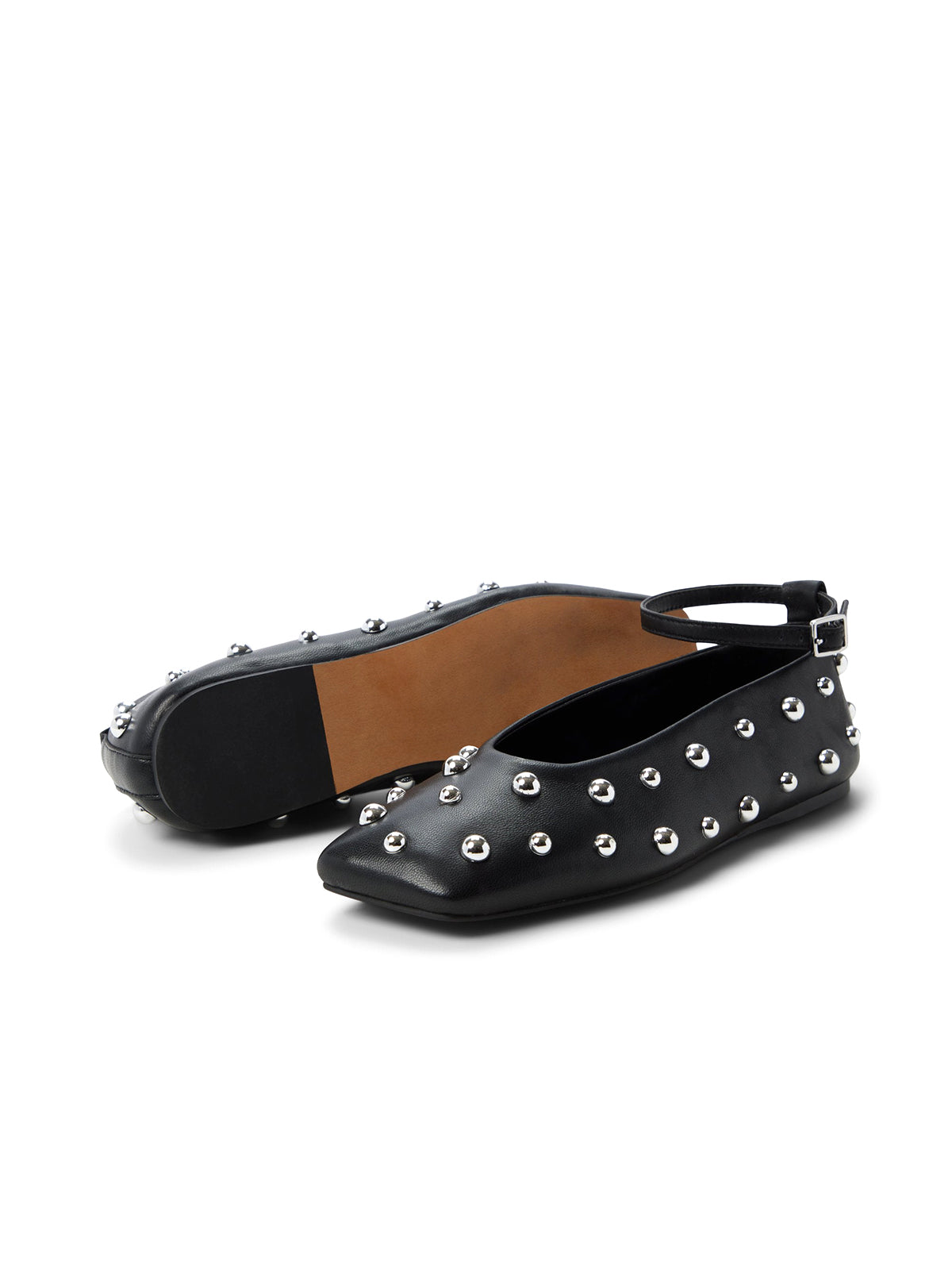 Black Square-Toe Full Studs Ankle Strap Ballet Flats
