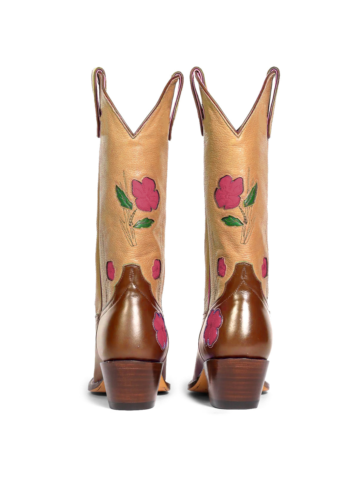 Contrast Nude And Brown Almond-Toe Fresh Flower Inlay Mid Calf Cowgirl Boots
