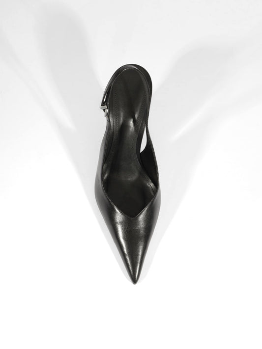 Black Pointed-Toe Slip-On Buckle Slingback Pumps